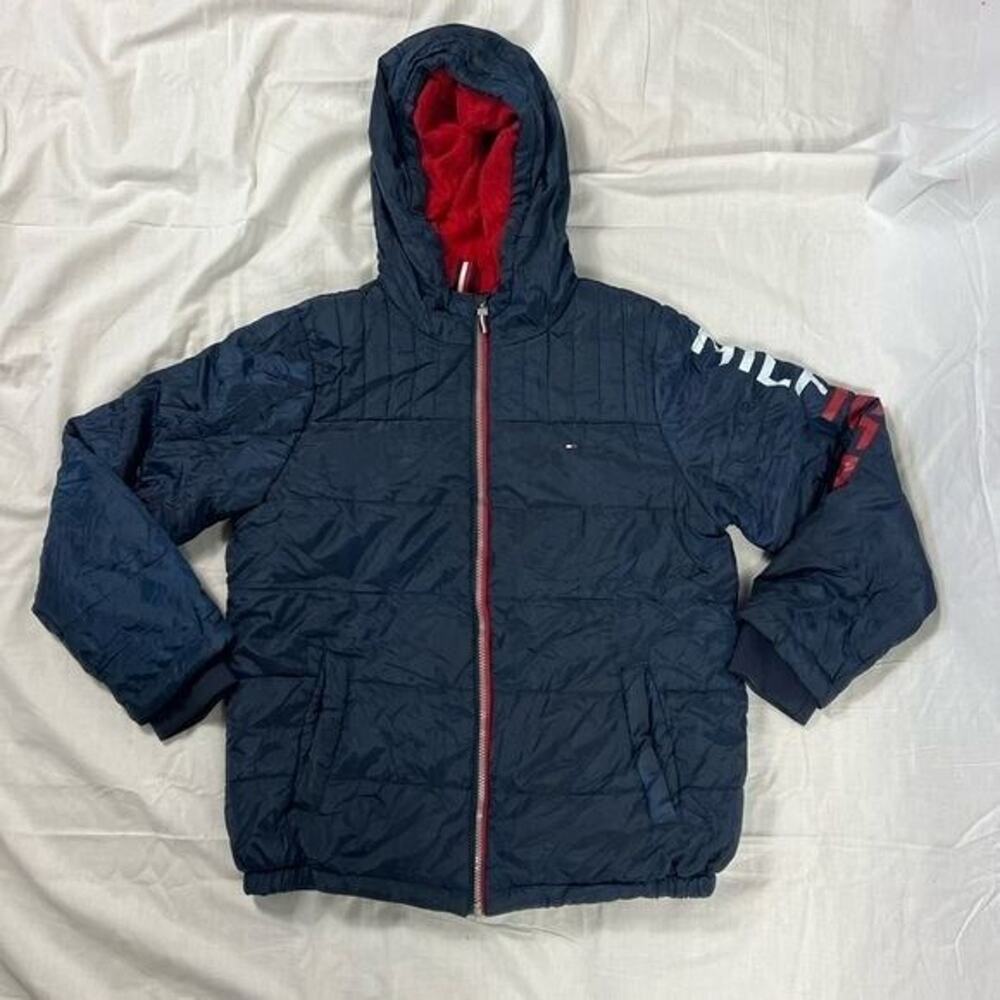 Womens Large Tommy Hilfiger Zippered Puffer Winter Coat Red/Navy Zippered Hooded